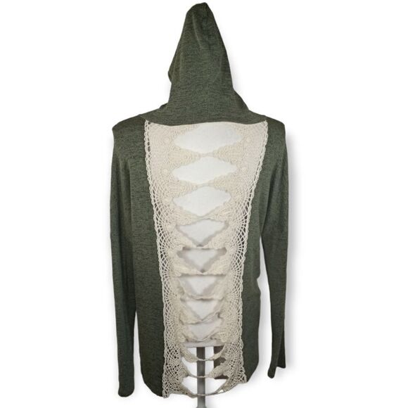 WINDSOR ARMY GREEN HOODIE W/CROCHET BACK SZ. M/L EUC - Picture 3 of 4